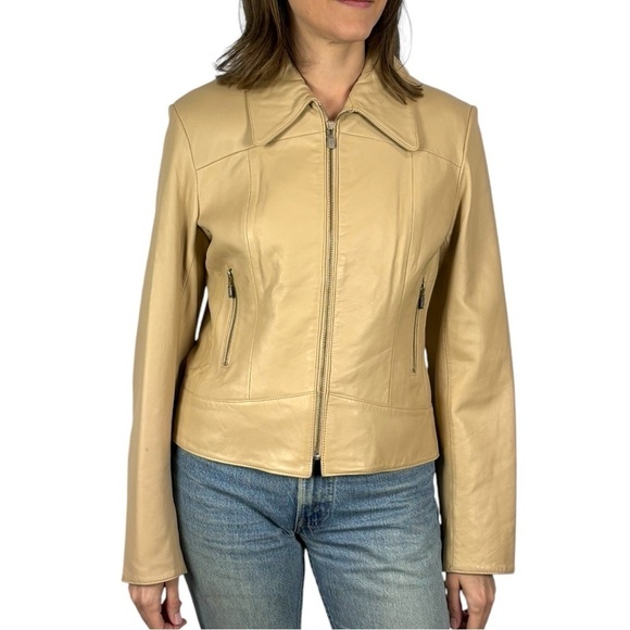 VINTAGE Y2K VID COLLECTION LEATHER LACE UP CORSET STYLE CREAM ZIP UP JACKET - Picture 2 of 15